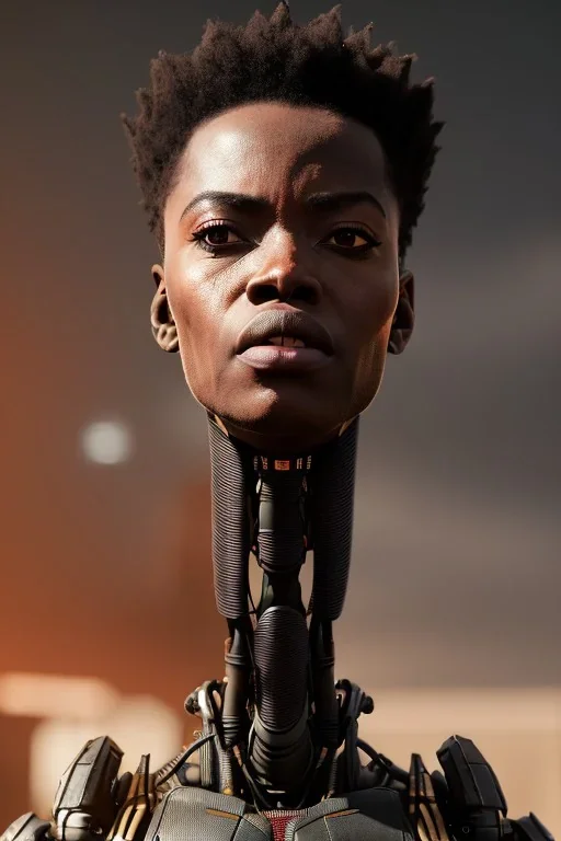 portrait,beautiful african robot, post-apocalyptic in a cyberpunk city, realistic, intriacte detail, sci-fi fantasy style, volumetric lighting, particales,highly detailed,cinamatic, deep colours,8k