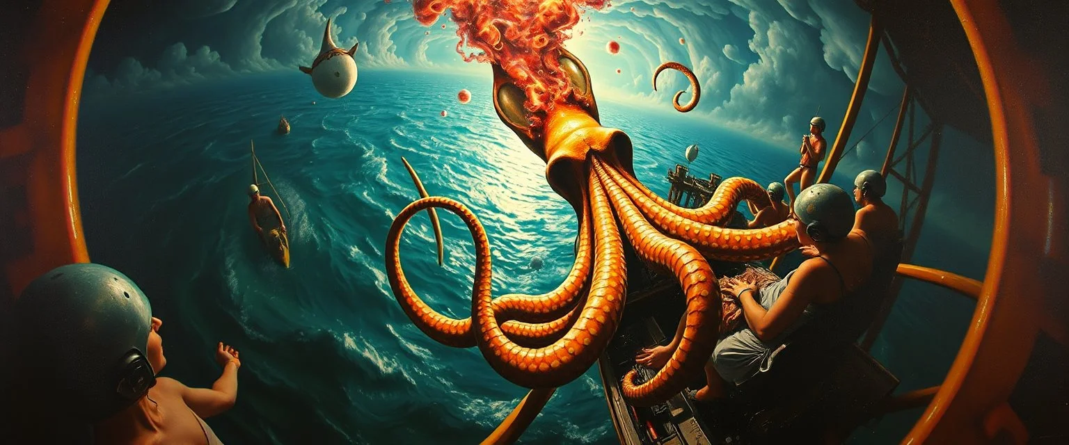 master oil painting by Rembrandt, roller coaster hypno psycho squid breast feeding with some bad ass power off shore oil platform cyber punk people experiencing gravity at its worst, pin hole cam, twisted perspective, goa trance music poster, awake within a dream