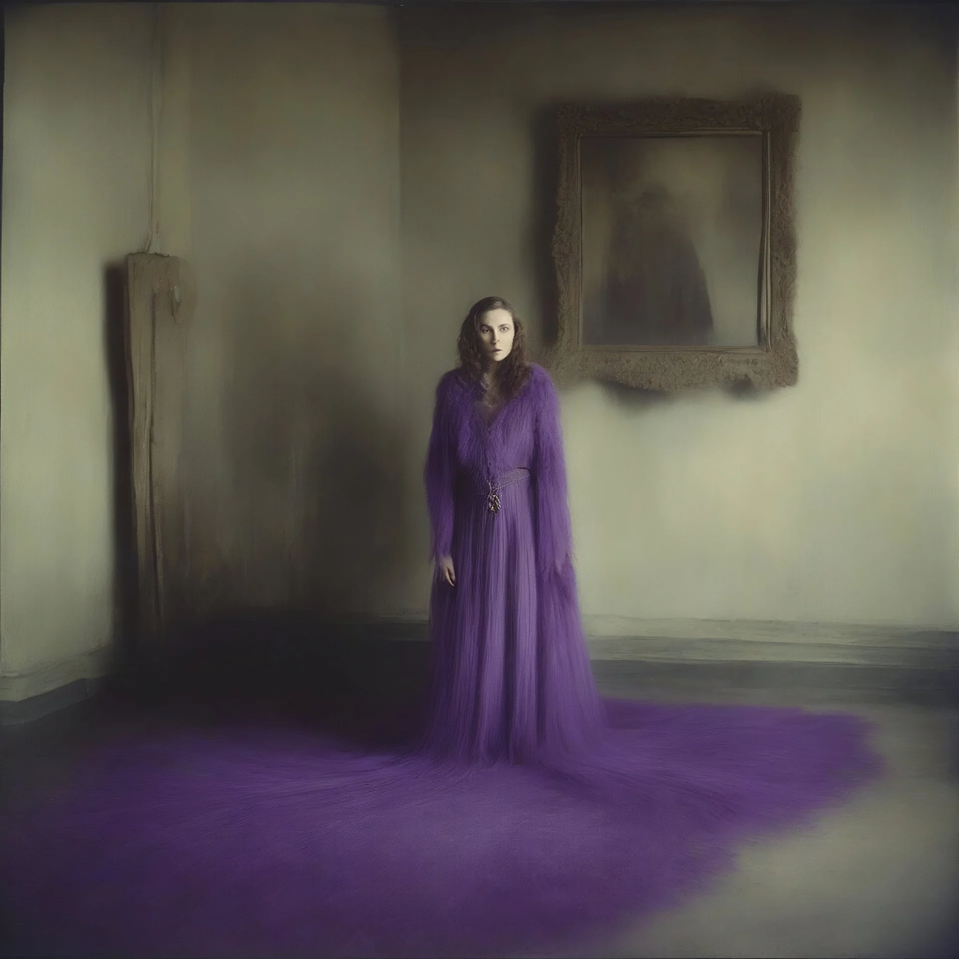 actress greta garbo , hippie girl, purple fur, in a liminal empty room, old autochrome