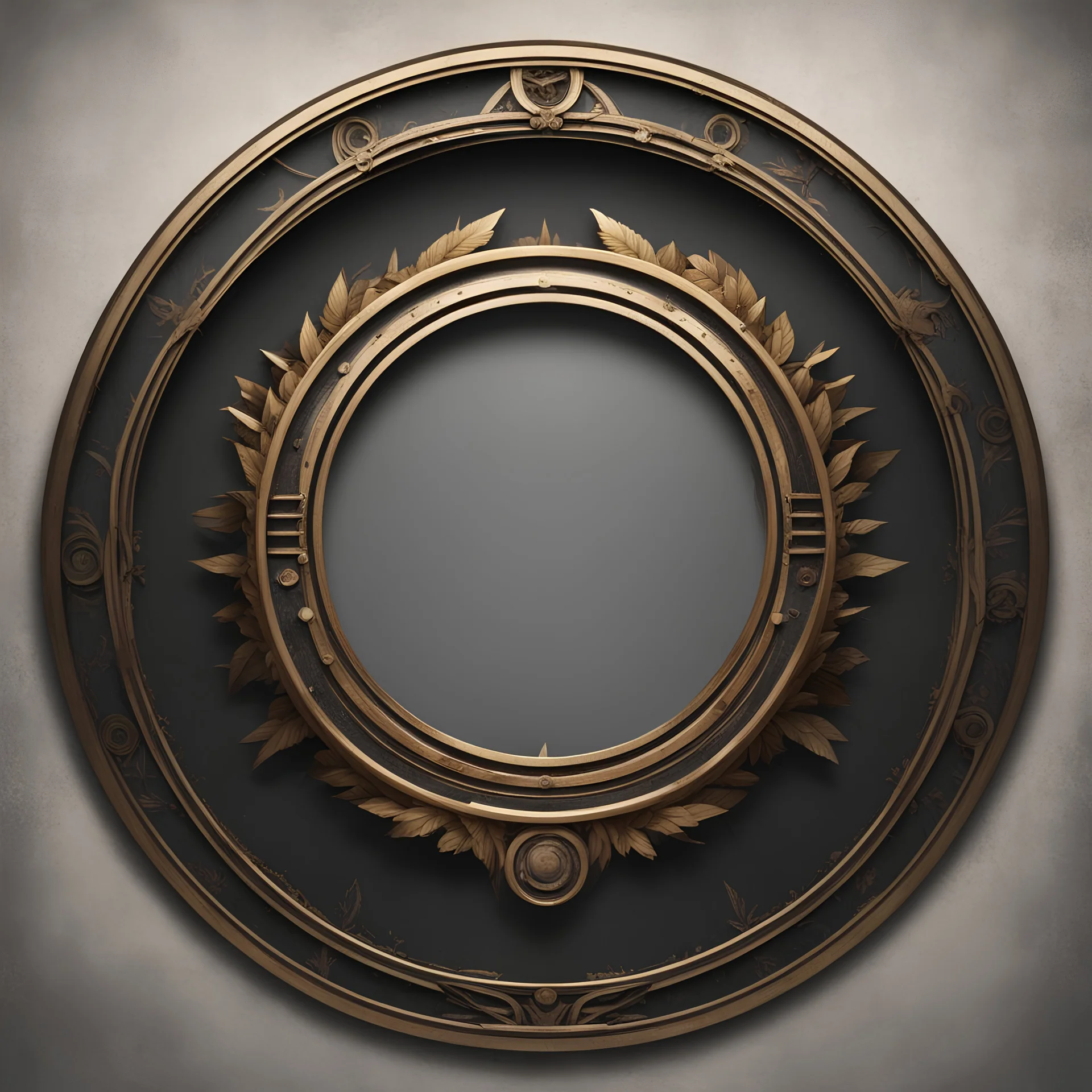 create me a thin round laurel golden rim. not real laurels. but mechanical dieselpunk laurels. background should be #000000 black. no face should be visible. its just the rim. the middle should be empty.