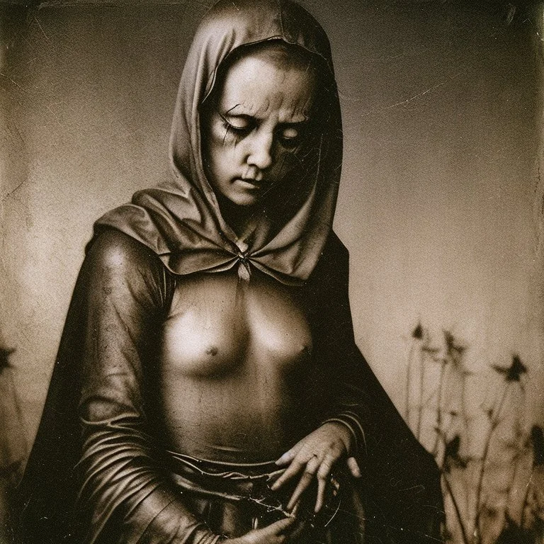 Photorealistic polaroid nothingness and distressing anguish old wooden figure wasteland night, Hieronymus Bosch, shot on Hasselblad, movie shot, details of the dress accentuated, nightmare, hypermaximalist, obsessive, hypnotic