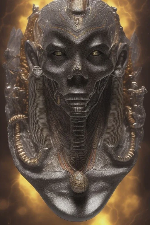 Anunnaki black male African Egyptian alien, cracks in the voodoo head, wicked, eyes, Elephant, 8k, finely detailed, photo realistic, tiger turquoise skull head gold dragon helmet space alien silver surfer skeleton gold olmec silver crown silver eyes