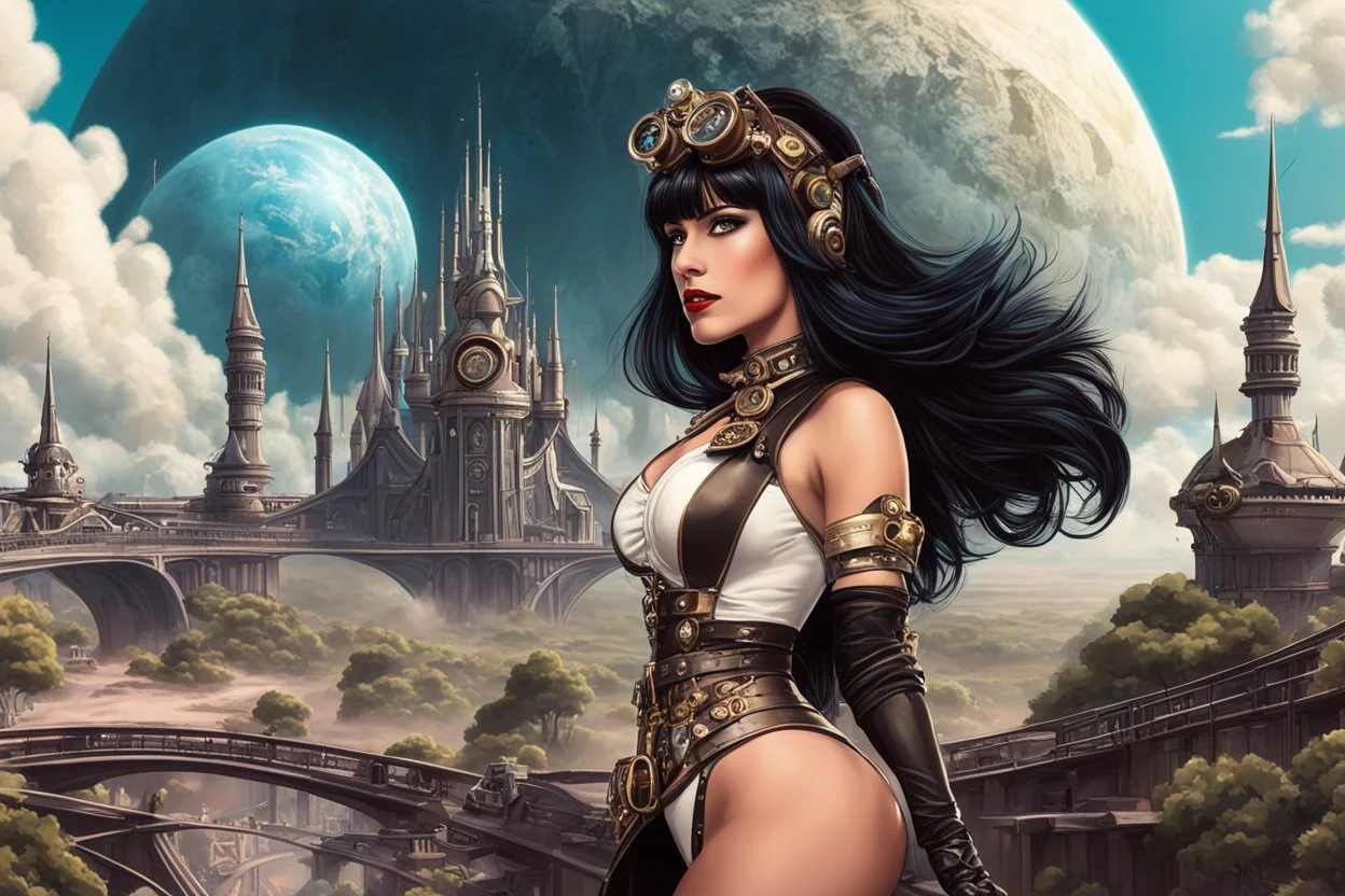 exotic sci-fi steampunk pin-up girl, with long dark hair with bangs, on an alien planet with cloud trees, tall spires, buildings, bridges, arches, photorealistic