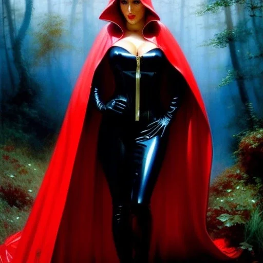 fullbody portrait 'beautiful sexy busty mature Red Riding Hood',wearing black skintight latex suit,hyperrealistic skin,Hyperrealistic Big eyes,painting by gaston bussiere, greg rutkowski, yoji shinkawa, yoshitaka amano, tsutomu nihei, donato giancola, tim hildebrandt, oil on canvas, cinematic composition,sharp image, extreme detail,((fit full head inside picture)),32k