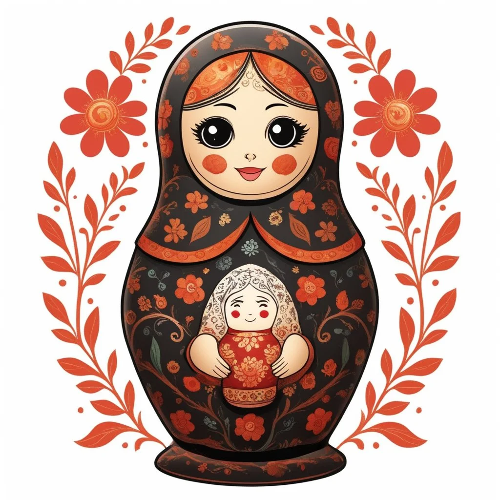 draw matryoshka dolls, the matryoshka is smiling, the kind sweet face of the matryoshka doll, behind the matryoshka Russian patterns in the style of Khokhloma