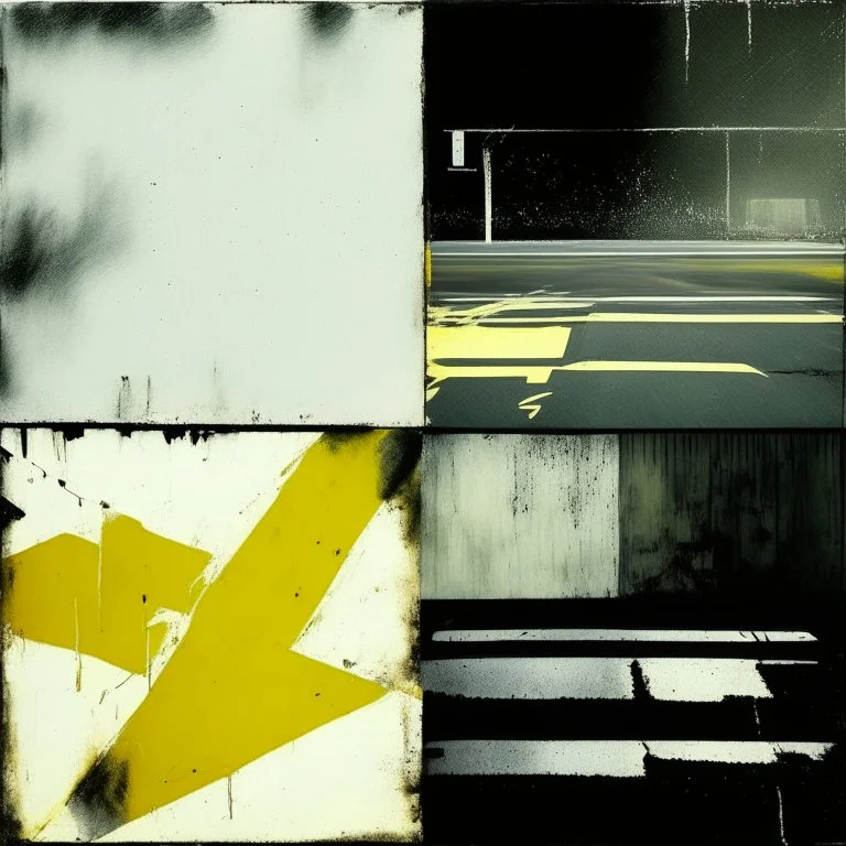 Minimal contemporary oil paintings of concrete walled road covered in typography graphic yellow road markings. In the style of Justin Mortimer and Francis Bacon.