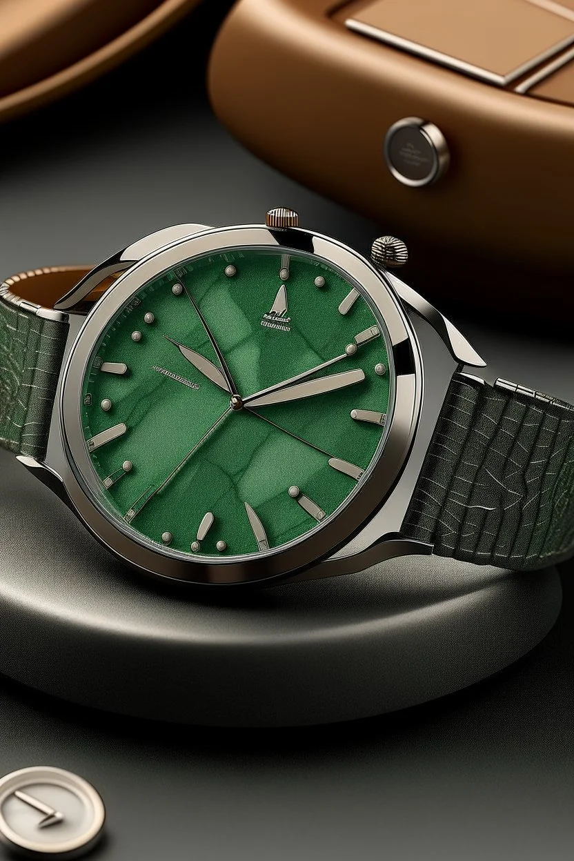 Design a realistic image that combines the timeless elegance of an aventurine dial watch with a vintage aesthetic. Incorporate classic elements in the background and styling to evoke a sense of nostalgia while maintaining a high level of realism.