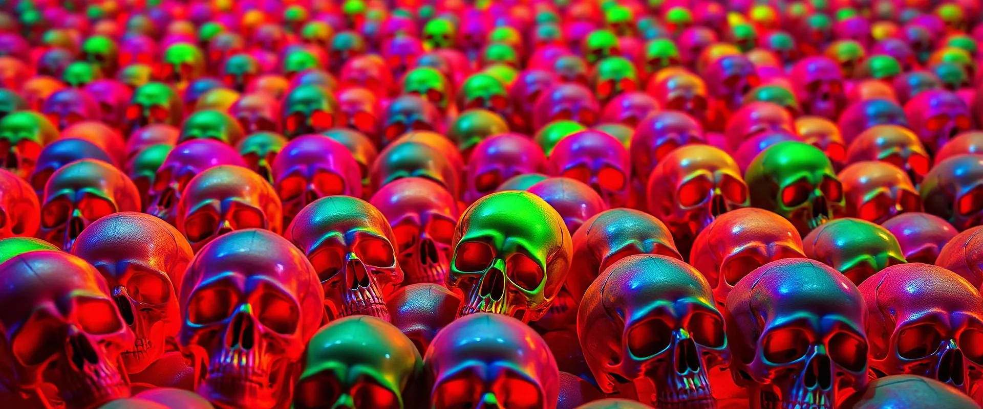 a field of 1000s of psychedelic psilocybin induced anatomically correct, skulls, vivid RANDOM BRIGHT neon colors, dark comedy, well lit, high detail, photorealistic, horrorcore, fun, scary, none featured, each a different color or hue, close to anatomically correct