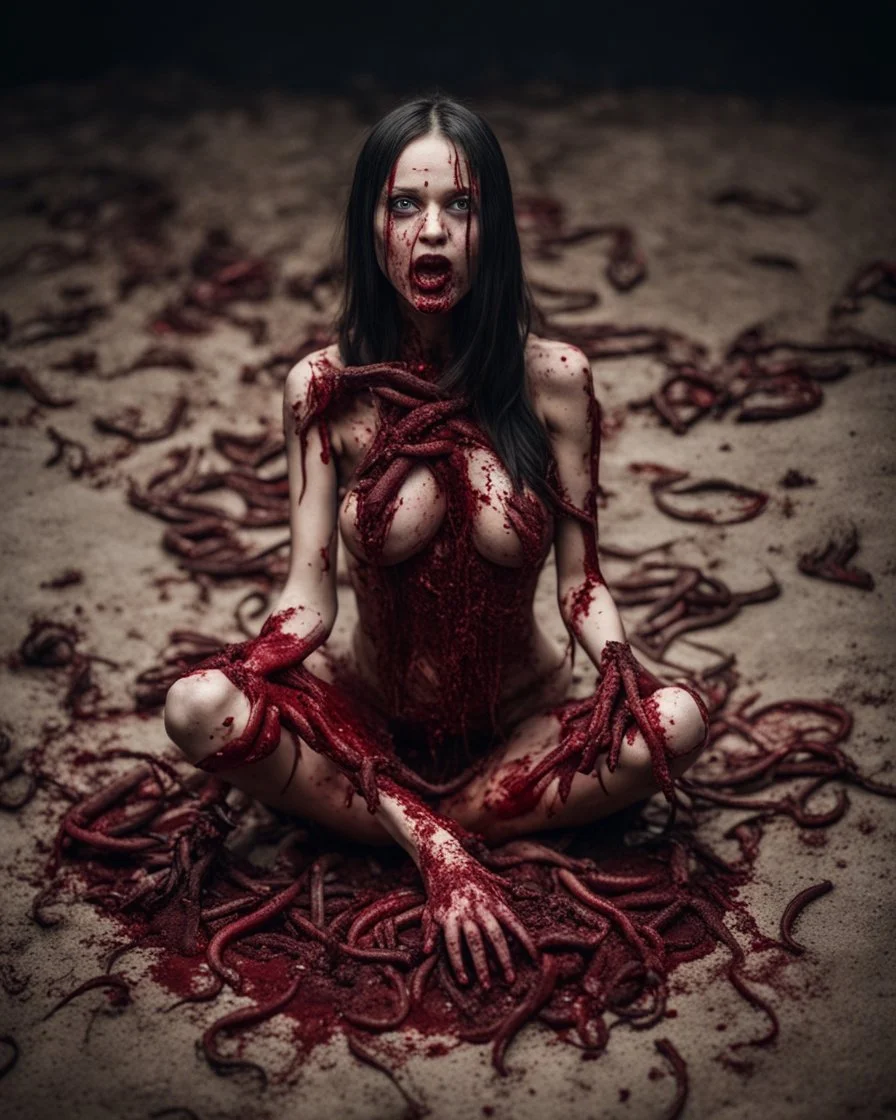 Petit weird woman with many worms from his body, sit pose, fullbody, splashes blood, behind guts rising from the ground, darkred tones, macro photography,