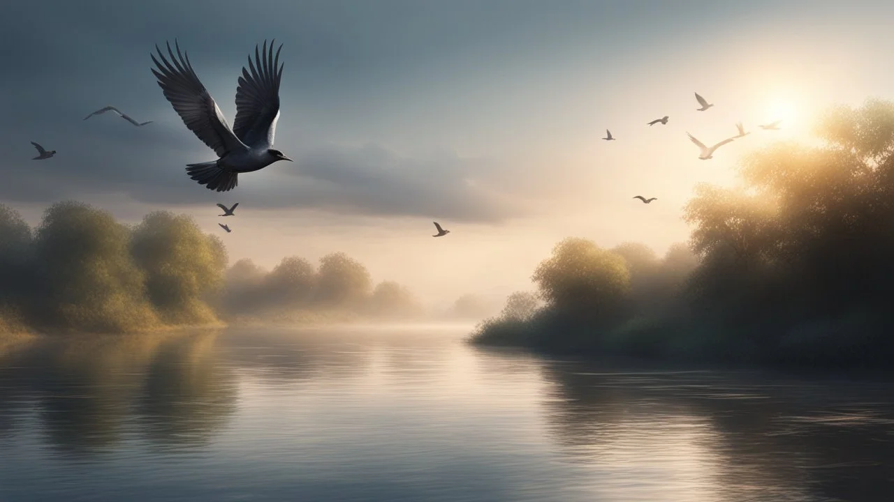 Hyper Realistic early morning (6:40 am) scenery of a riverside where a beautiful bird flying just few inches above the river water showing dramatic and cinematic ambiance.