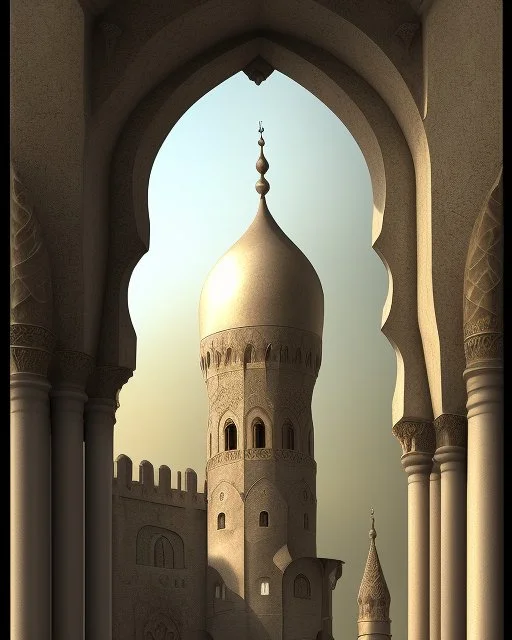 A gothic_arab gate with a view of an old Arab city