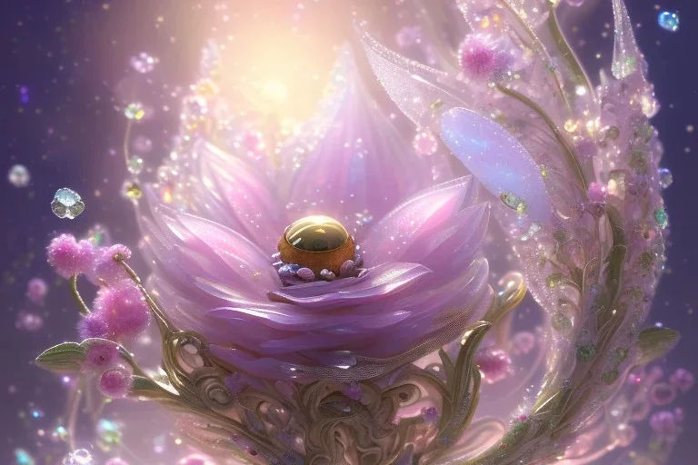 one big crystal subtle flower in a galactic ambiance with a very little beautiful fairy, transparent petals, delicate colors, in the foreground, full of details, smooth, bright sunshine，soft light atmosphere, light effect，vaporwave colorful, concept art, smooth, extremely sharp detail, finely tuned detail, ultra high definition, 8 k, unreal engine 5, ultra sharp focus