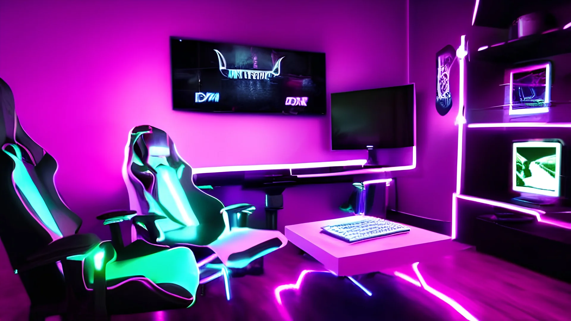 Dark purple and black gaming room with neon lights, gaming chair and PC with RGBs, realistic