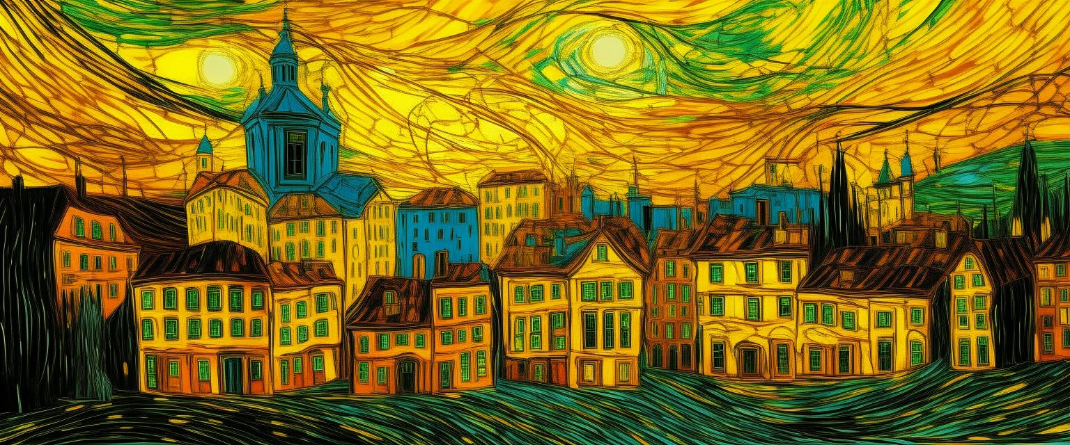 A yellow electrical city painted by Vincent van Gogh