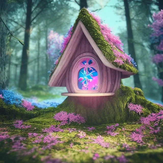 a fairy house pink and blue, in the forest, spring time, 8k, flickering light, centered, high-quality, fine-detail, digital art, detailed matte, volumetric lighting, illustration, 3D octane render