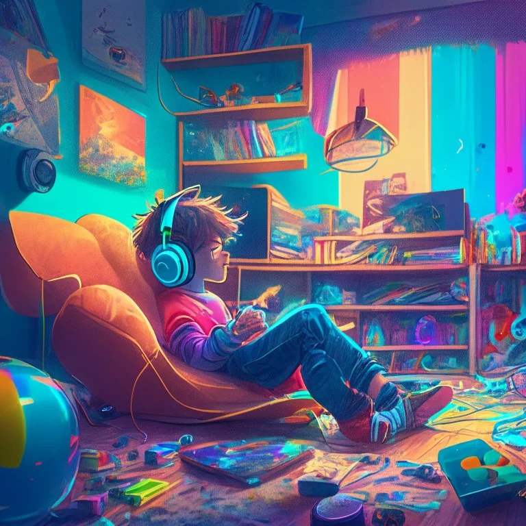 A boy is sitting on the sofa in his room listening to music with headphones, and his toys have come to life and are playing around him. A room full of joy and color, digital art, anime, 4k, full details, high resolution, cinematic