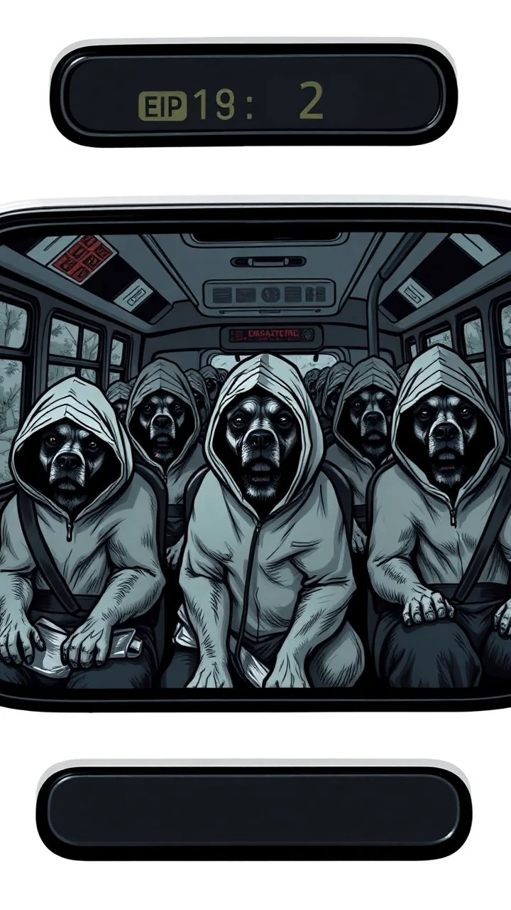 A bus full of scary hooded dogs sitting in the bus