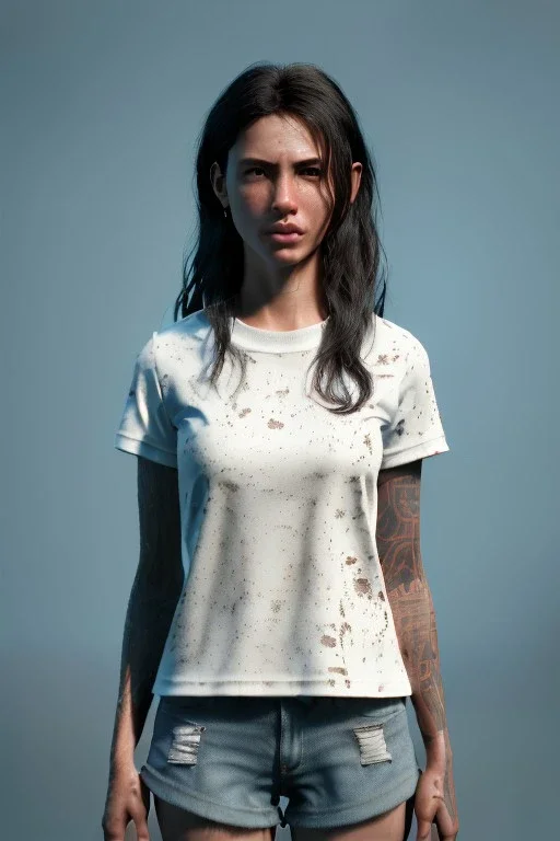 Ultra Realistic image, 25 years old brunette woman, Madrid, portrait, small stature, small chest, yakuza body tattoo, white broken cotton short undershirt, black latex short, rain, fog, street night Tokio background, vibrant color, highly detailed, art stations, concept art, smooth, unreal engine 5, god rays, ray tracing, RTX, lumen lighting, ultra detail, volumetric lighting.