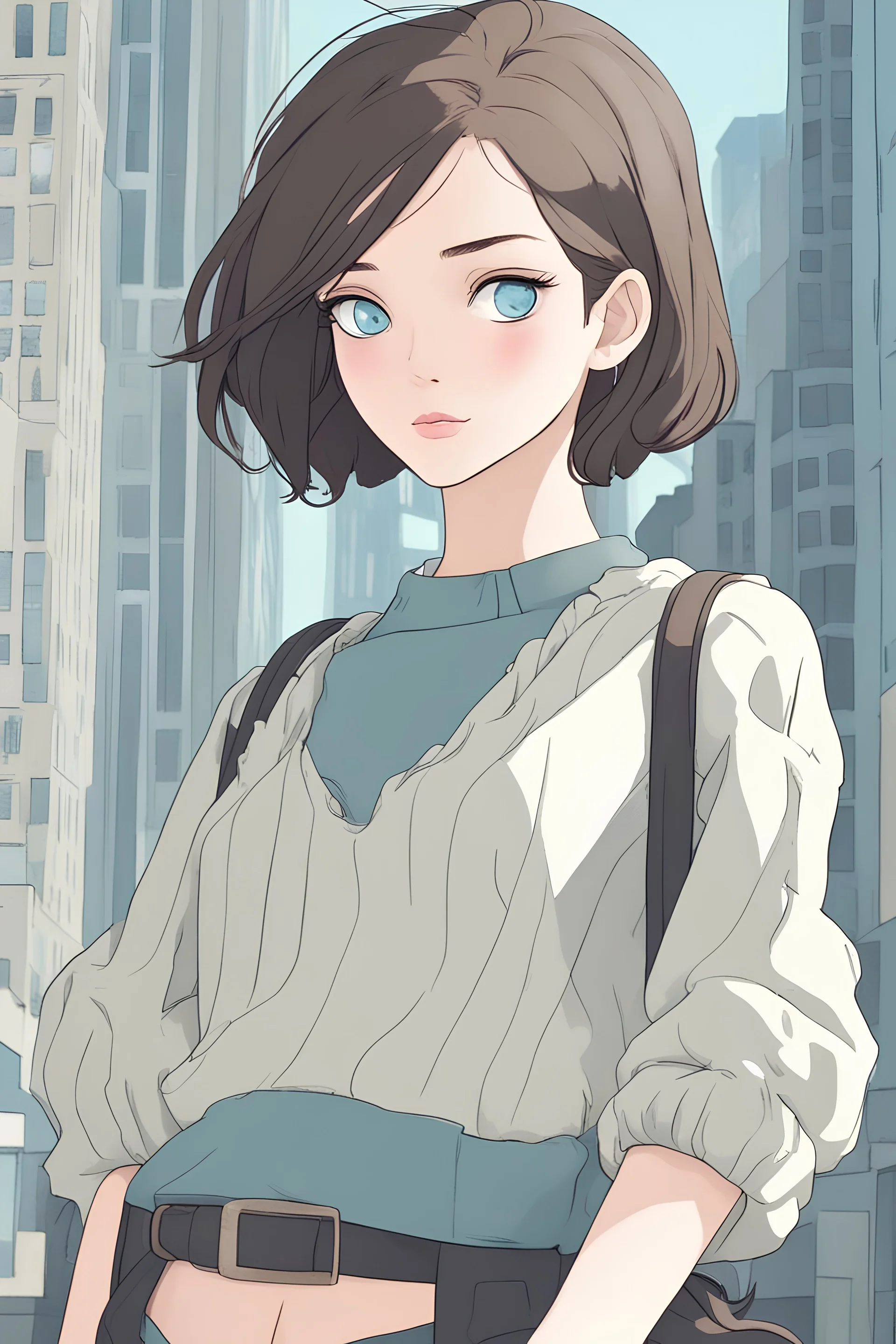 A stylish young woman with dark brown hair and light blue eyes standing in a city.