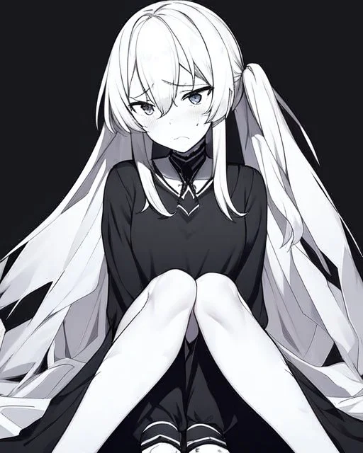 hurt, black and white, anime girl sitting with full-black background