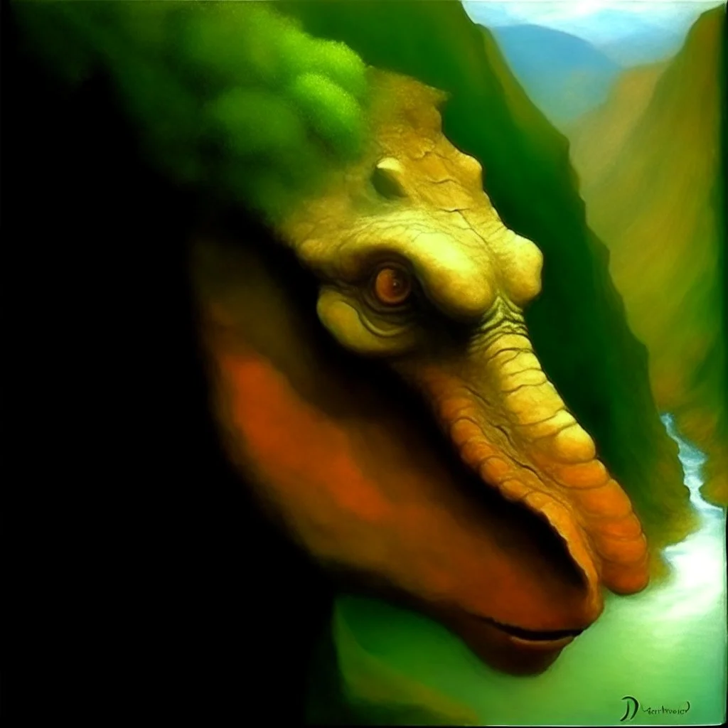 Dinosaur head oil painting. Leonor Fini