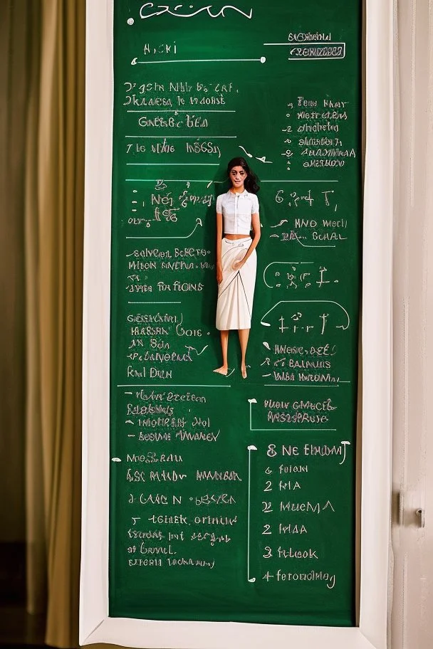 An elegant and graceful Indian actress stands before a green chalkboard adorned with diagrams. She wears a white button-up shirt paired with a flowing skirt, exuding charm and beauty. The scene is captured in exquisite detail with 8K UHD resolution using a DSLR camera, complemented by soft lighting and high-quality film grain from the Fujifilm XT3. With a captivating expression, she gazes upwards, her eyes closed, while adding a touch of allure with fishnet stockings and high heels.