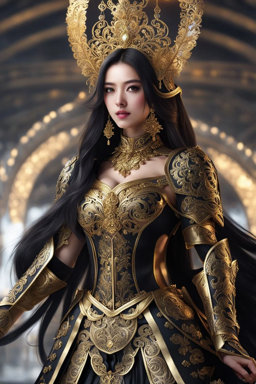 Realistic photography,front_view, (1Queen, looking at viewer), black long hair,traditional dress ornaments mechanical_armor, intricate armor, delicate golden filigree, intricate filigree, black metalic parts, detailed part, dynamic pose, abstrac background, dynamic lighting