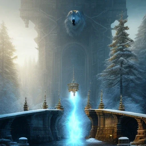 fantasy art, book cover, upper body of big mad wizard in front of the ebony stairs of a bridge or dam ,icy water, on the bridge is a wolf, there is also a hawk and everything is seen from the tree tops