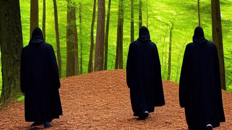 Black robed, hooded monks on the forest path