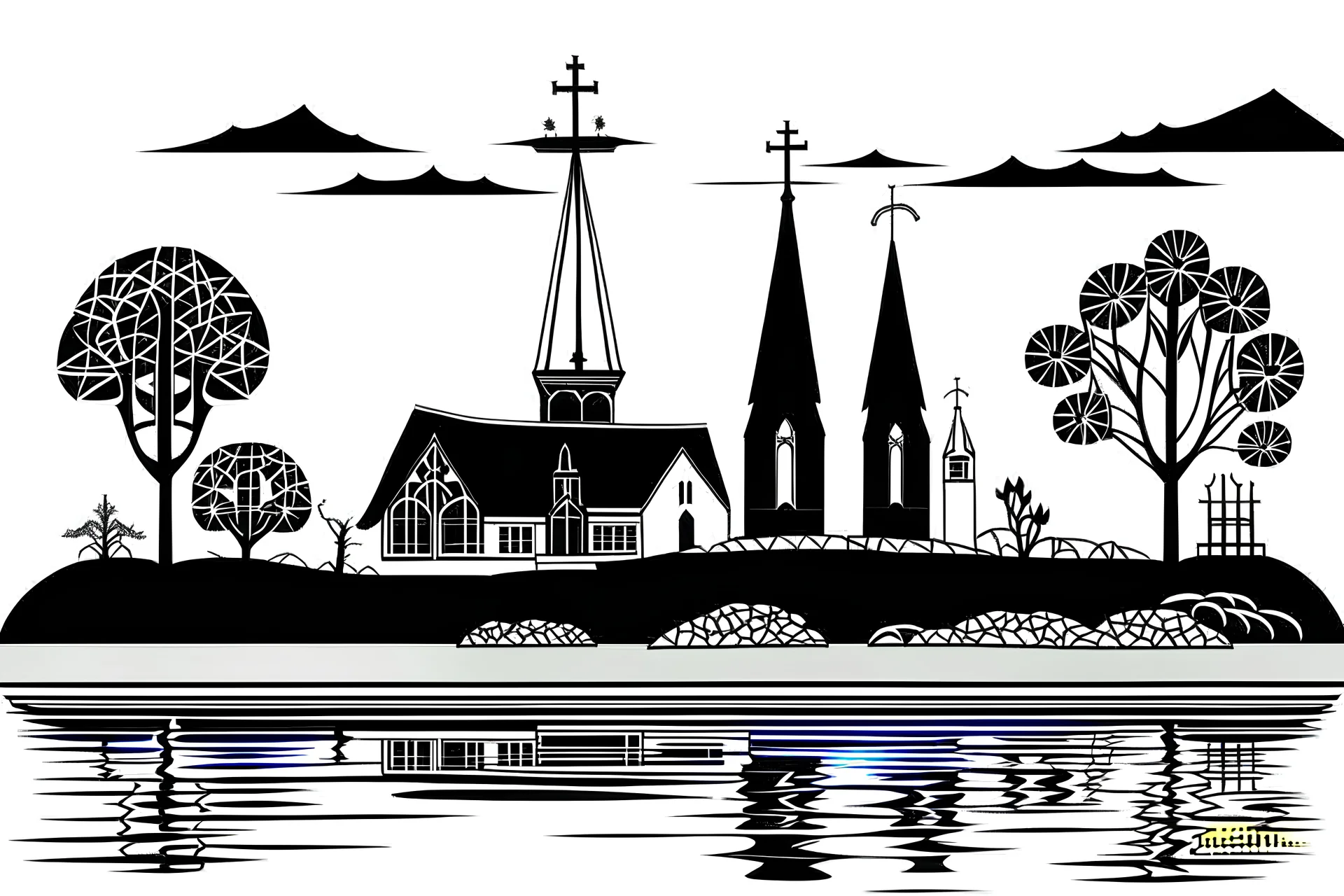 Imagine an icon based 2d elevation in black and white of the roskilde, including the viking ship museum the church and the rock museum