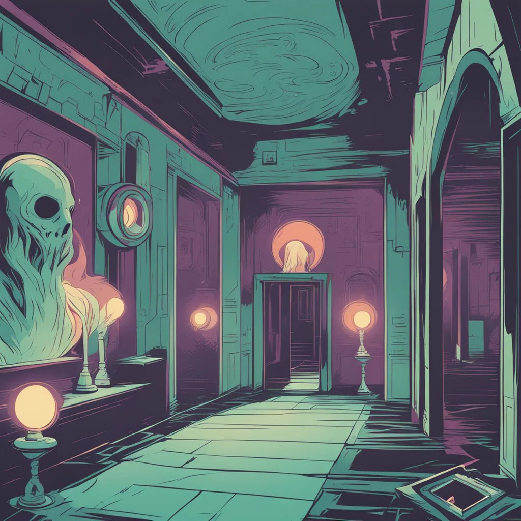 ghostly wraiths and incandescent smoky phantoms in a hall with broken mirrors in retro-scifi colors