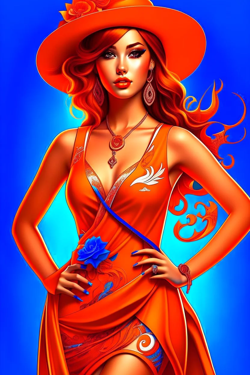 Full body of beautiful girl nami, Hair Color: Orange, Style: Wavy, Outfit Top: Blue, Outfit Bottom: Orange, Shoes: Brown, Accessories: Tangerine, Weapon: Clima-Tact, Hat: Straw, Tattoo: Pinwheel, Earrings: Hoops, sophisticated,, beautiful woman, hyper realistic, hyperrealism, photoreal, realistic, photorealistic, soft pastels, full-body, standing, long shot, wide angle, aesthetic