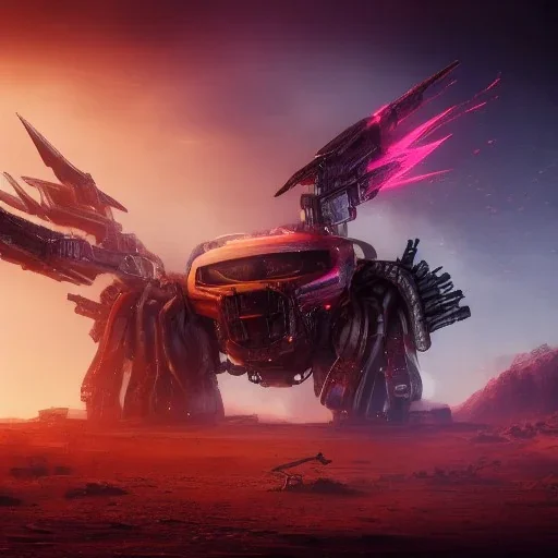 yberpunk, landscape, transformers, hi-tech robots, GUITARS, cinematic, highly detailed, close up, 4k, deep colors, gold, fire, red, purple, dark, ethereal, utopia, apocalypse, flying Cadillac, from outer space