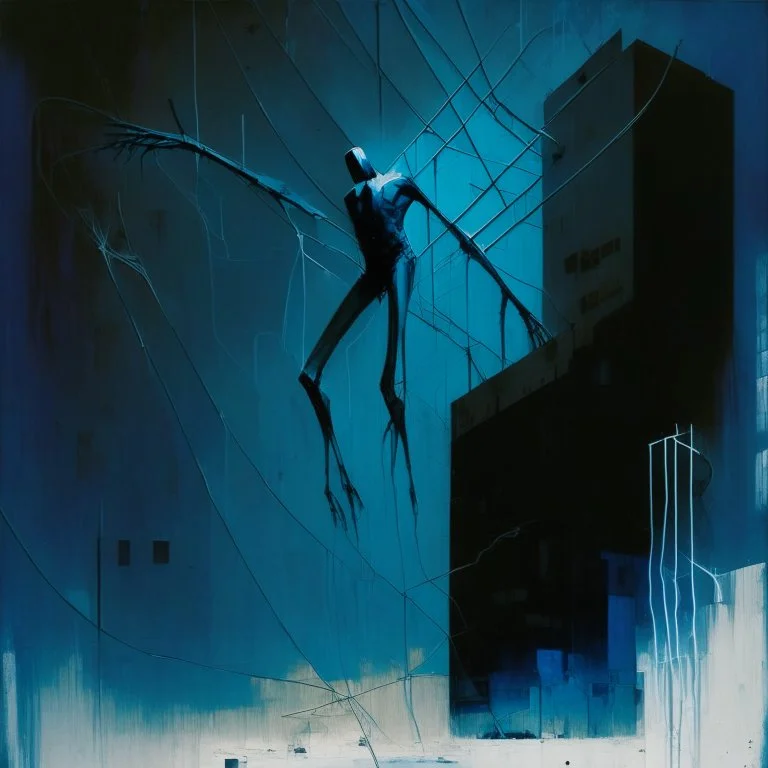 Minimal abstract oil painting of a large falling person limbs sinew. Amongst concrete fragments brutalist architecture and hanging wires illuminated at night. Blue In the style of Justin Mortimer and Phil Hale and Ashley Wood