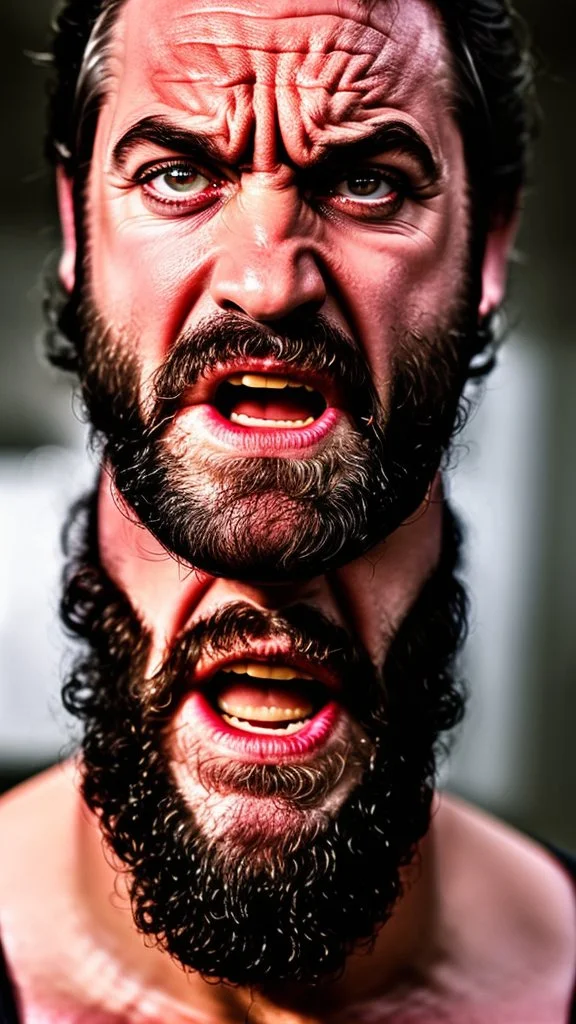 extreme close up photography of 40 years old burly muscular chubby very ugly spanish plumber yells angrily, in tank top and overalls beard, sweat, manly chest, bulge, long curly hair, vampire teeth and fangs, bloodshot eyes, photorealistic, 80mm lens, Canon EOS, hyper-realistic, very detailed, angry eyes, natural colours, sunlight