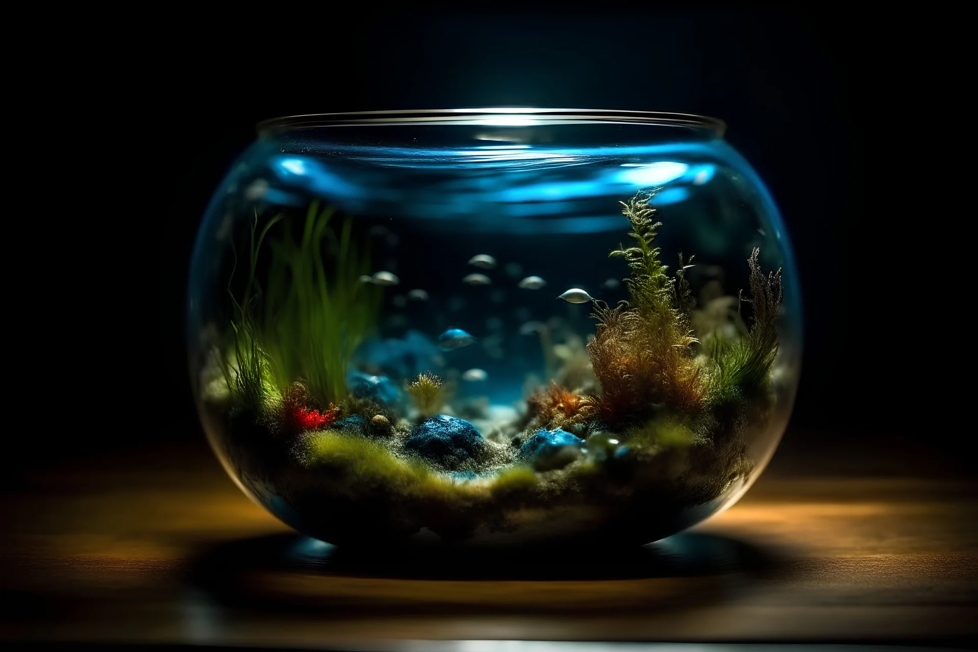 Tiny underwater complete world in large glass bowl water Omni light sharp detailed and intricate environment