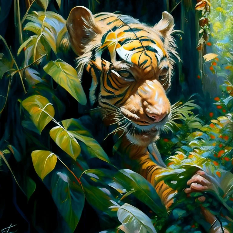 close up of an almost invisible Tiger HIDDEN behind amongst jungle leaves, oil on canvas in the style of Daniel Gerhartz