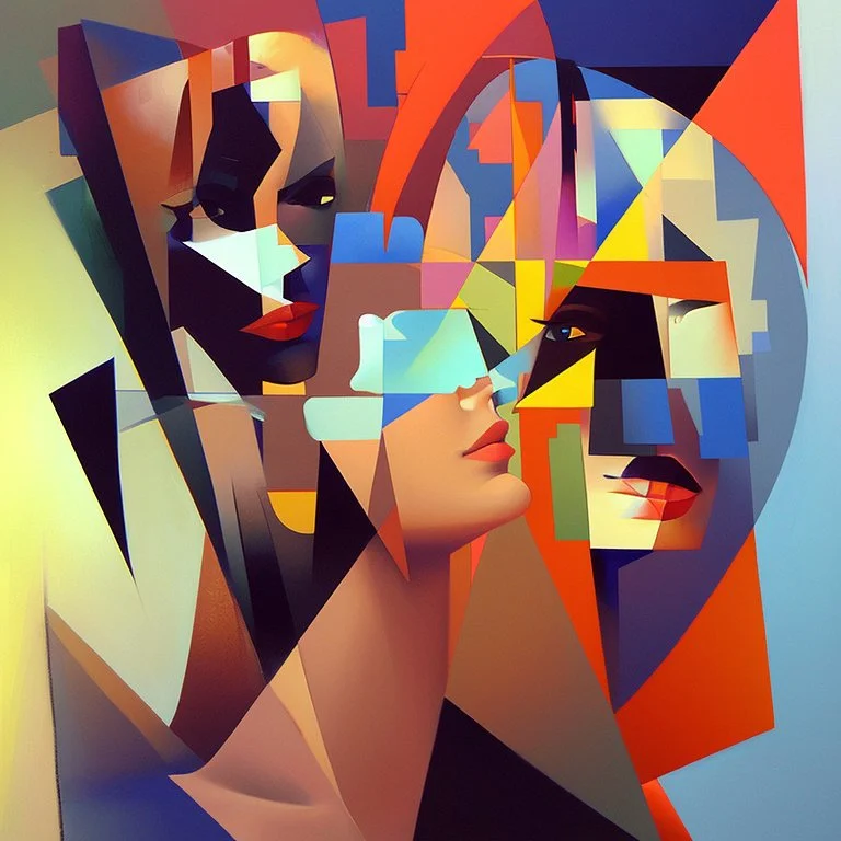 a painting of a man and a woman, a cubist painting by Keith Mallett, cg society, figurative art, cubism, fauvism, art