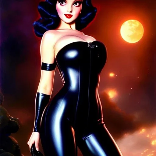 fullbody portrait 'beautiful sexy busty mature SnowWhite(Disney)',wearing black skintight latex suit,hyperrealistic skin,Hyperrealistic Big eyes,painting by gaston bussiere, greg rutkowski, yoji shinkawa, yoshitaka amano, tsutomu nihei, donato giancola, tim hildebrandt, oil on canvas, cinematic composition,sharp image, extreme detail,((fit full head inside picture)),32k