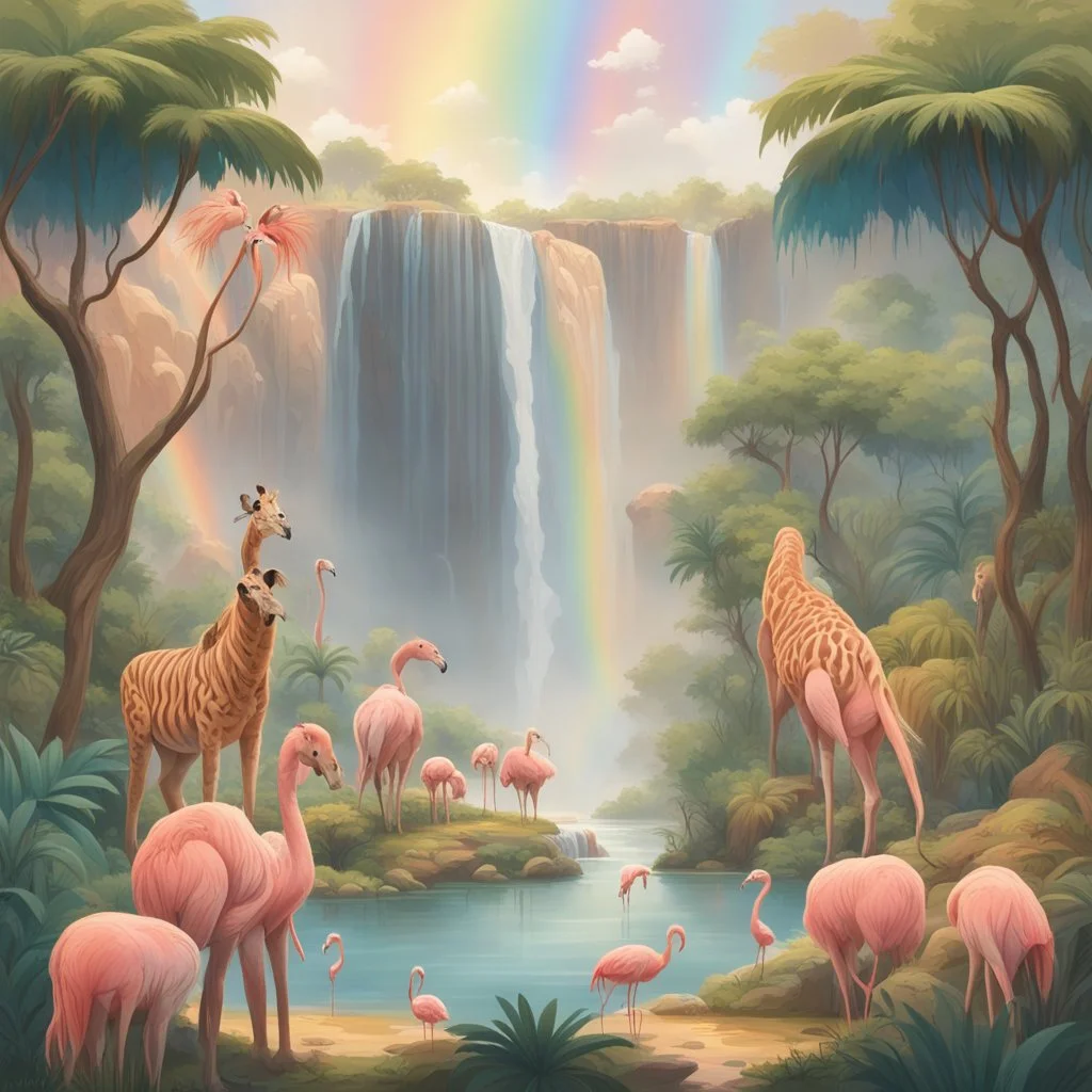 childish poster with a jungle landscape, a high rock in the background, a wide soft waterfall, on the rock there are some big bushes that are a rainbow, on the lower plateau a small waterhole with a couple of flamingos, on the bank some giraffes, elephants, zebras, a single lion on the left, a narrow path leads out of the picture, along the edge are boulders and beautiful flowers, at the back of the plateau a large tree with an elephant and a zebra below, on the right is a large tree with lian