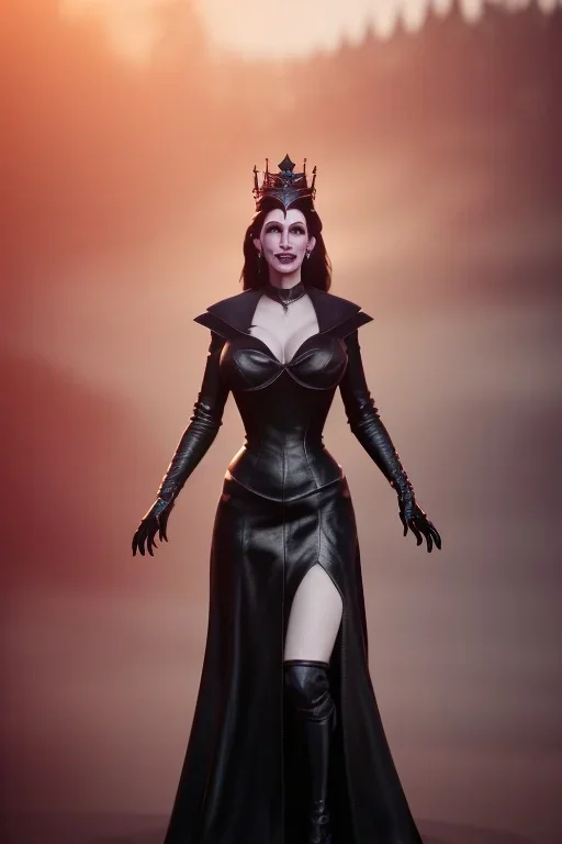 Julia Roberts as evil queen in black leather gown, evil, busty, cleavage, curvy, angry, stern look. character design by cory loftis, fenghua zhong, ryohei hase, ismail inceoglu and ruan jia. unreal engine 5, artistic lighting, highly detailed, photorealistic, fantasy