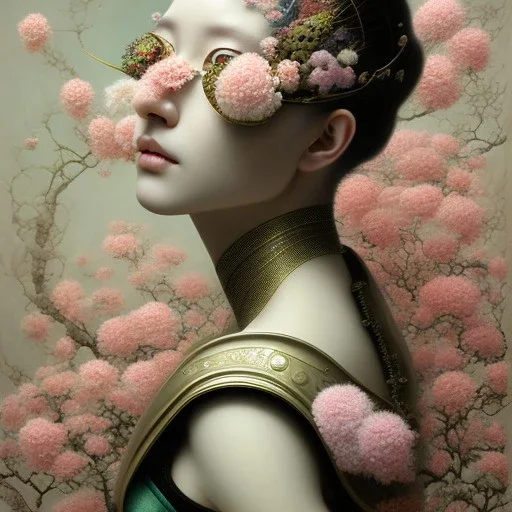 a painting of a woman surrounded by flowers, a surrealist painting, by Ikuo Hirayama, naotto hattori, detailed face with mask, draped in rich green and pink, gong li, ayami kojima and yoshitaka amano, alexey egorov, stems, (collage), hiromasa ogura, yang qi --ar 2:3