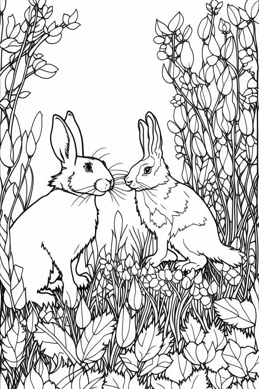 Outline art, rabbits standing in the bush, full body, cartoon style, black and white, low detail, no shading, --ar 9:11