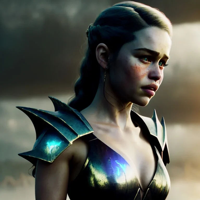 portrait perfect face emilia clarke, dragon armor, fog, particle fire, 16k