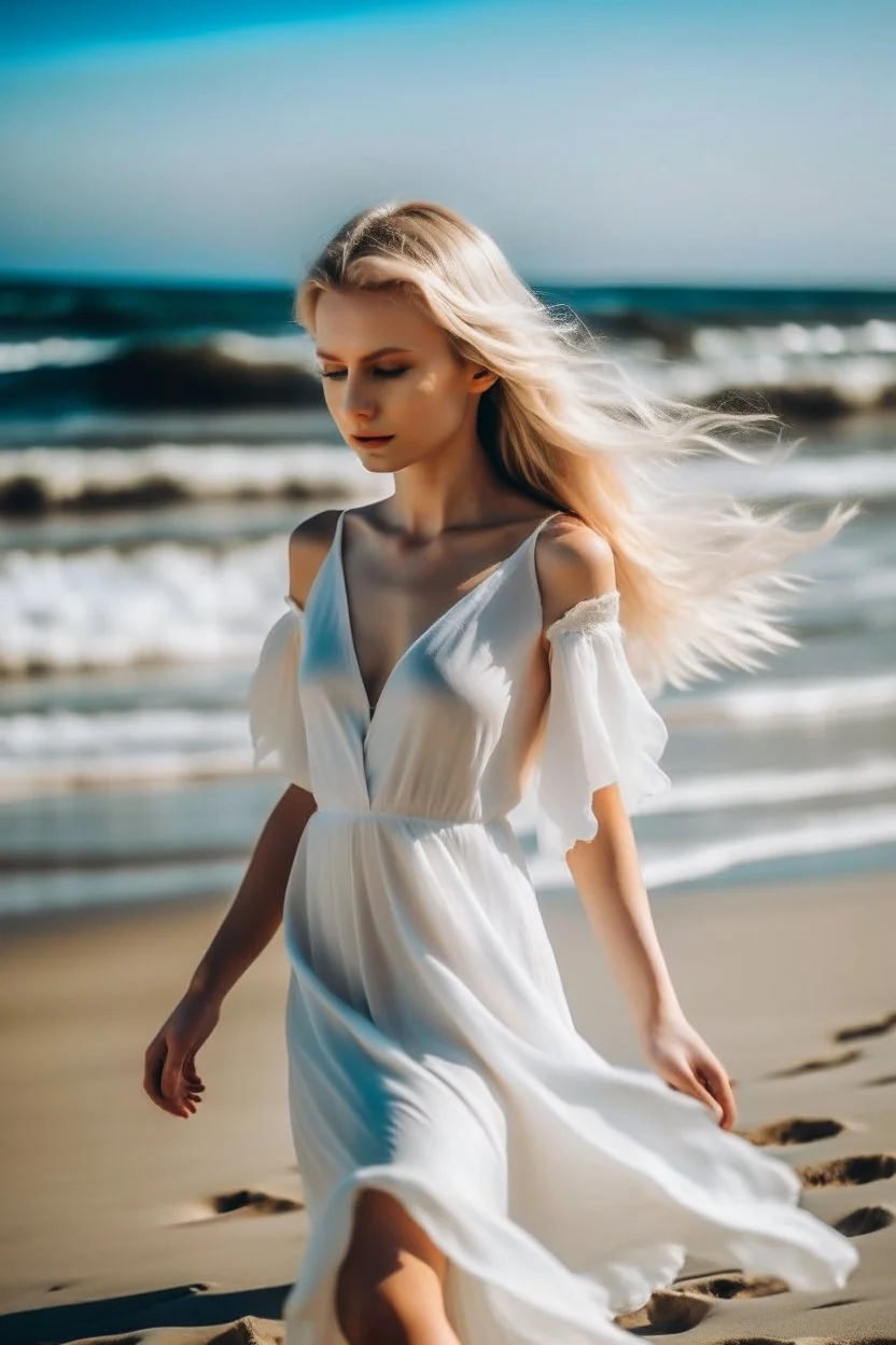 Angel with blonde hair and a white dress on the beach