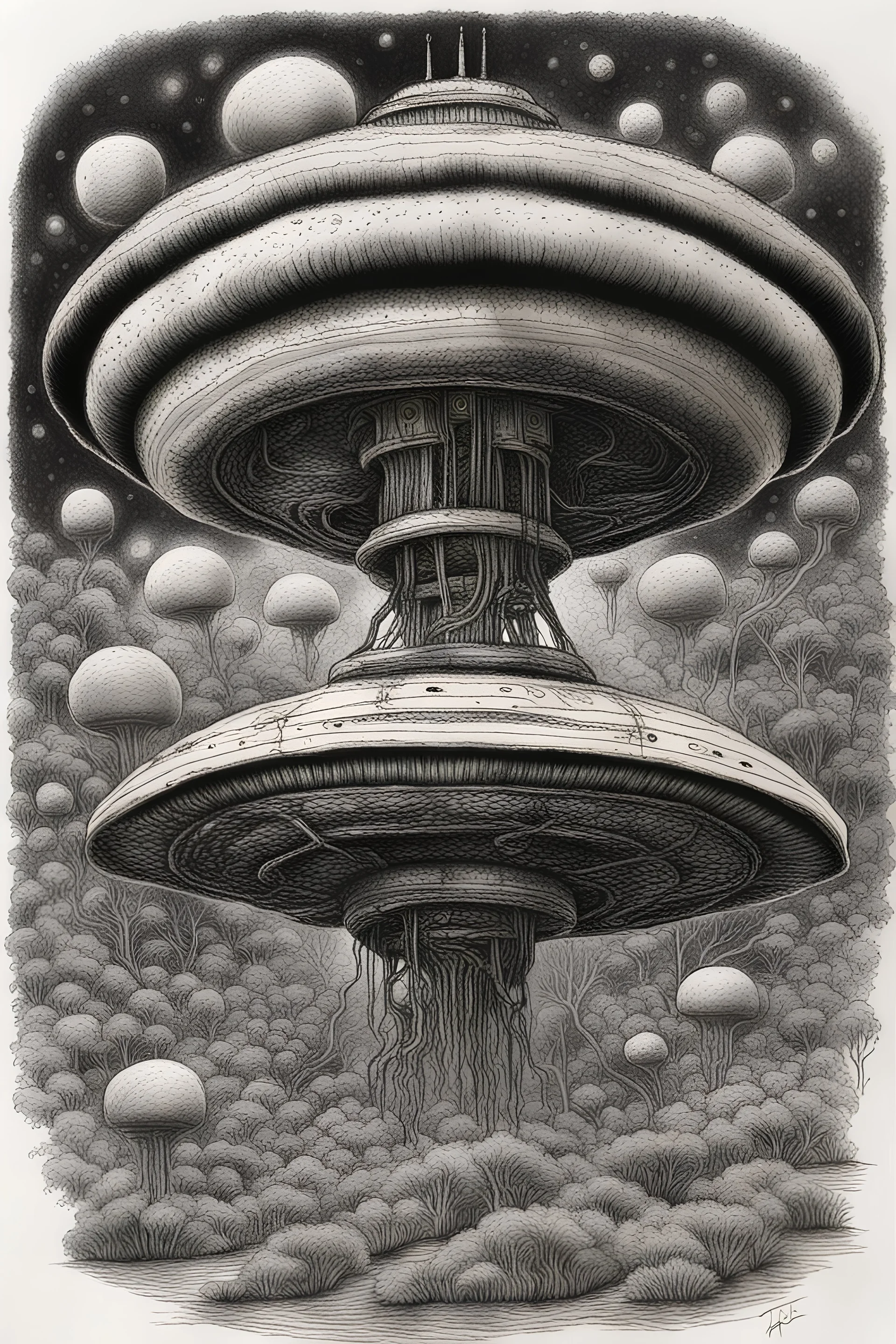 Organic alchemico UFO, sketchdrawing by Junji Ito