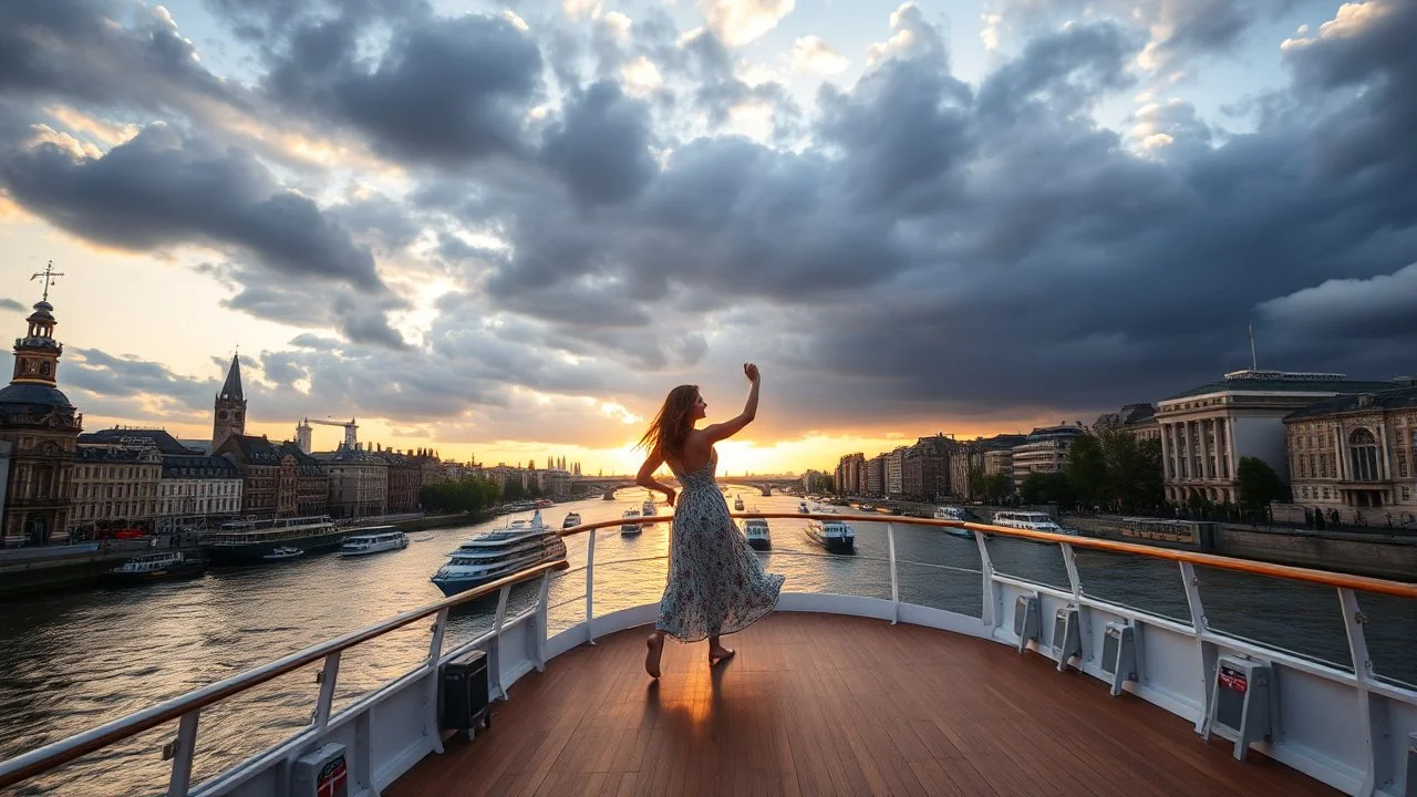 UK oxford street over times river, on wide deck of a big moving ship beautiful lady dancing in center of rochestra players ,ships in river, cloudy sky,sunset,golden sky