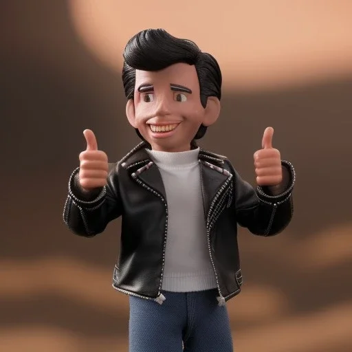 wide view young Fonz with black hair greaser figure doll 1981 (thumbs-up) (face) Forehead grin, fonzarelli, ((arnold's drive-in)) fonziE fonz