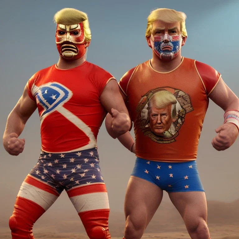 Realistic image of Donald trump wrestler, Mexican wrestling style, Mexican eyes wrestling mask, red and blue breeches, glow us flag dress, suspenders, retro style, 80s, vibrant color, highly detailed, sky background, concept art, unreal engine 5, god rays, ray tracing, RTX, lumen lighting, ultra detail, volumetric lighting, 3d, finely drawn, high definition, high resolution.