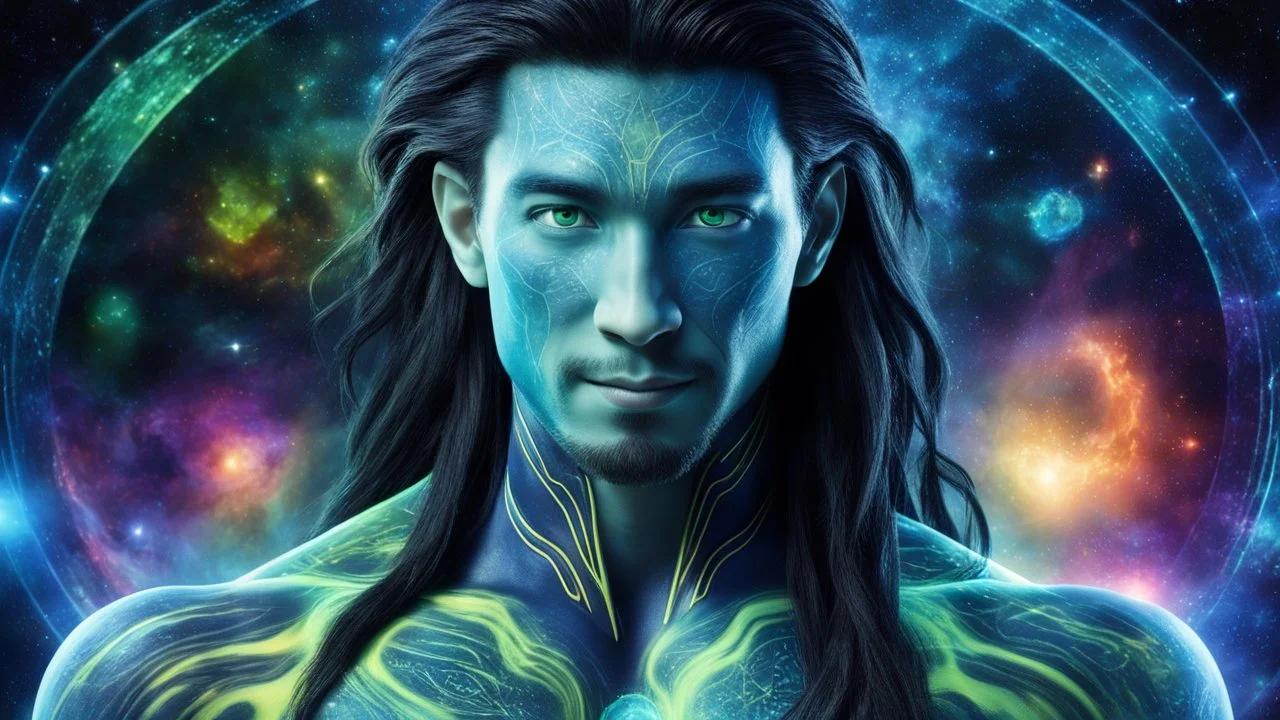 beautiful gorgeous young man na'vi with long hair, Avatar, blue skin, two small ears, green eyes, black hair, in cosmic suit, galactic ambiance, medium pointy goatee , smiling, nebulas and sacred geometry light figures on the backgroud,